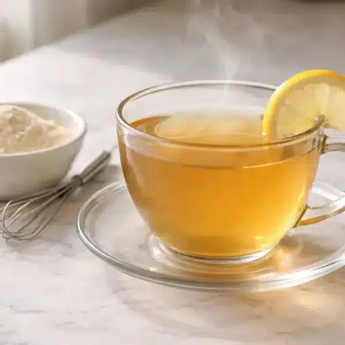 Gelatin Trick Recipe Tea: Low-Sugar, Clump-Proof Version 2 A steaming cup of gelatin trick recipe tea with lemon and gelatin powder
