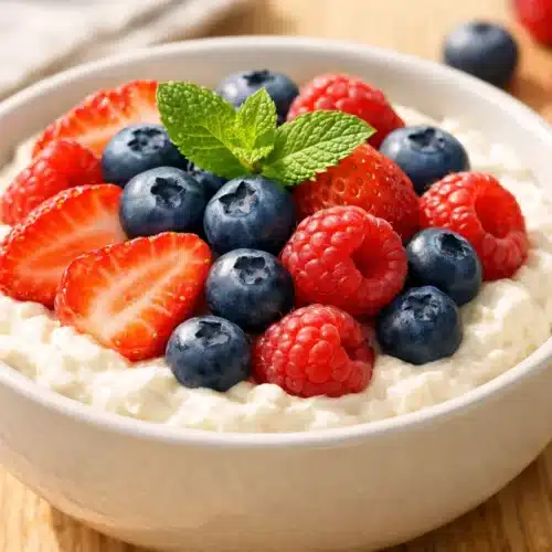A bowl of high protein yogurt cheesecake topped with fresh berries and mint leaves
