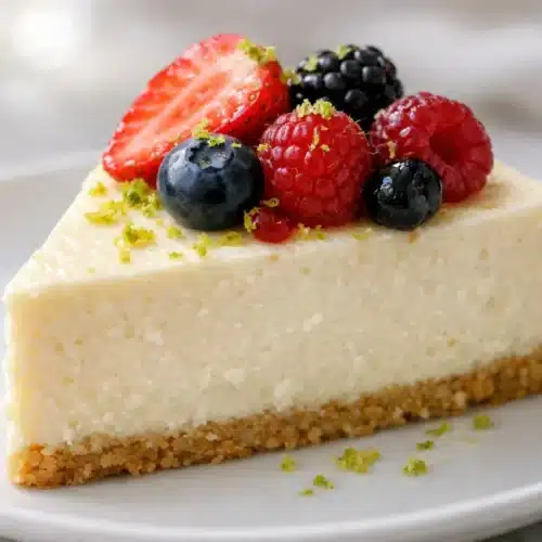 A slice of vegan Japanese yogurt cheesecake on a white plate with fresh berries on top.