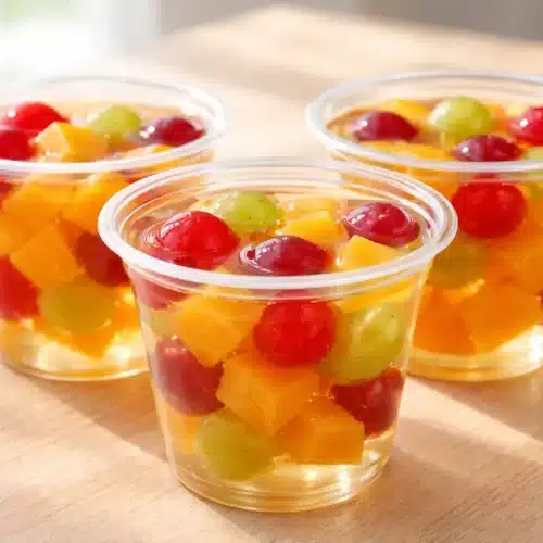 Fruit cocktail gelatin cups with assorted fruit