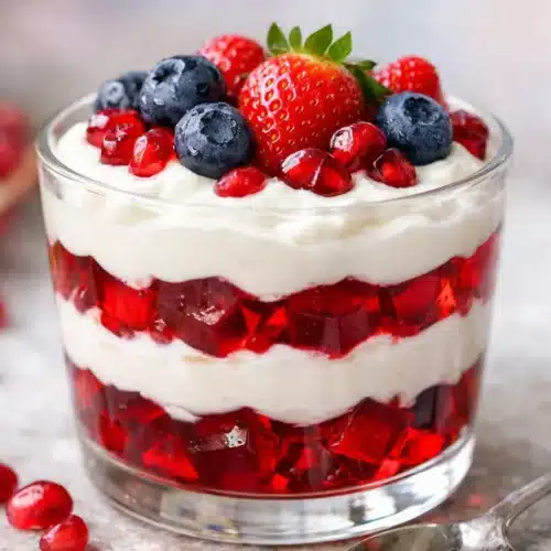 Pomegranate gelatin yogurt parfaits with fresh berries
