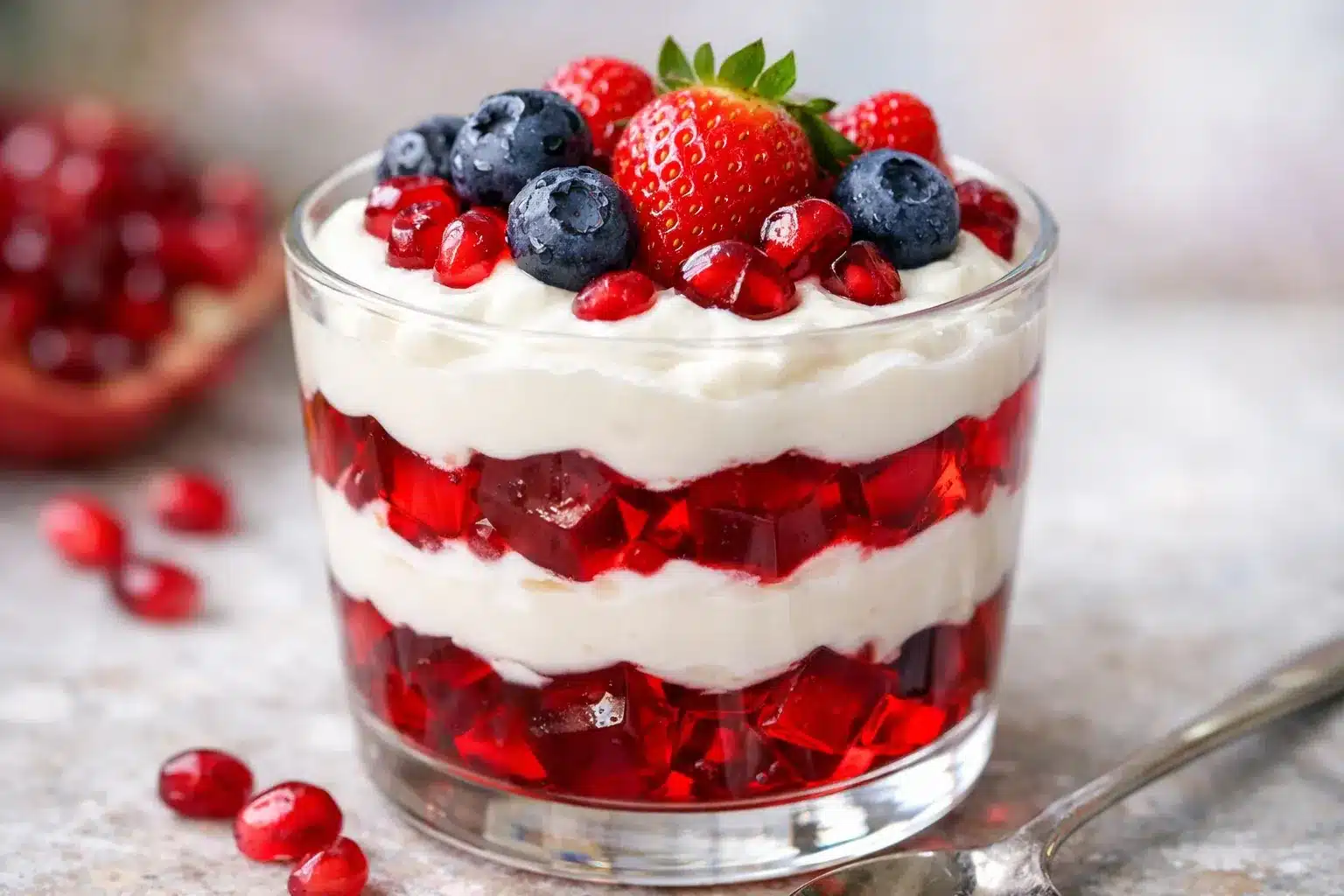 Pomegranate Gelatin Yogurt Parfaits with Fresh Berries
