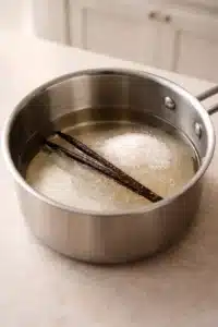 fruit cocktail gelatin cups Vanilla syrup ingredients in a saucepan